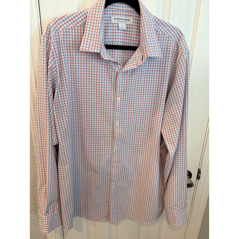 Mizzen+Main Button Down Shirt Red Blue Plaid Performance Classic Fit